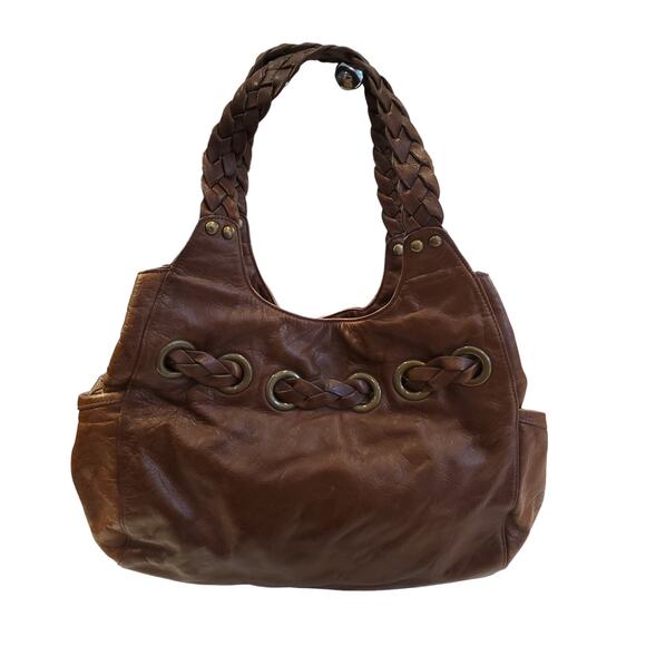 Kooba Hobo Bag Shoulder Carla Braided Tassels Brown Leather Drawstring Satchel - Picture 6 of 16